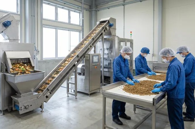 食品加工工場で衛生的な装備を整えた作業員たちが、コンベアから流れてくる製品を検品・選別している様子。