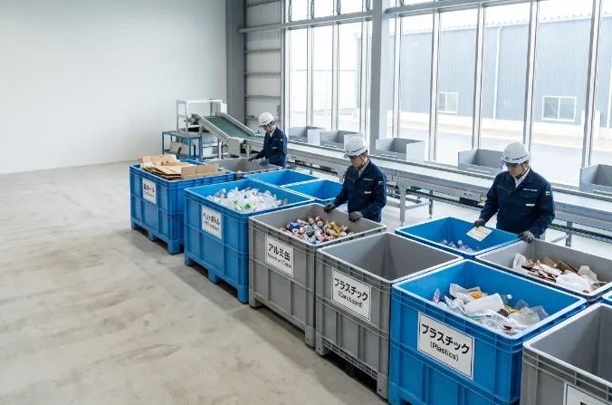清潔なリサイクル施設内で、ヘルメットと制服を着用した3人の作業員が、ペットボトルや空き缶、プラスチックなどの廃棄物を大型のコンテナへ手作業で分別している様子。